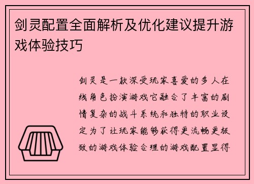 剑灵配置全面解析及优化建议提升游戏体验技巧